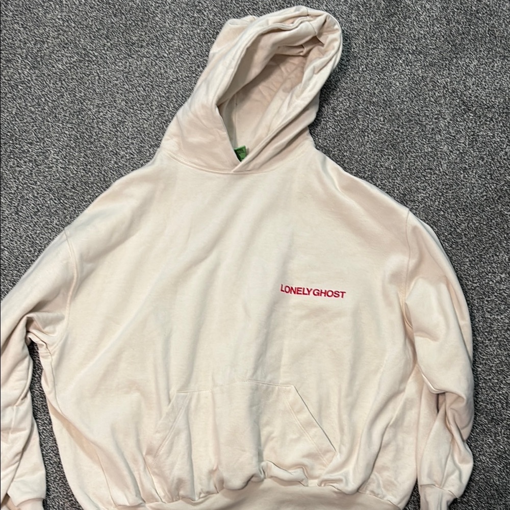 LONELY GHOST Cream Hoodie with Red Logo